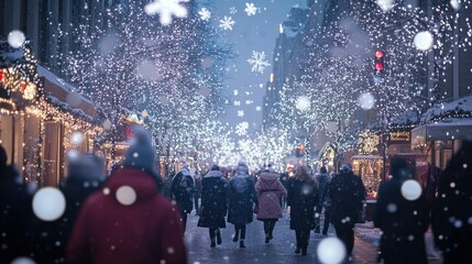 Snowflakes gently falling over a busy street, where people are bundled up in winter coats, scarves, and boots, surrounded by softly lit holiday decorations.