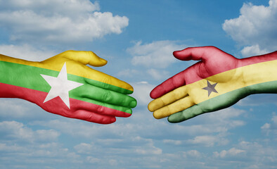 Ghana and Myanmar country handshaking with flags, consensus concept international co-operation illustration