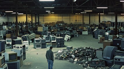 Obraz premium A large warehouse filled with rows of old electronic components and devices, evoking a sense of obsolescence and technological history.