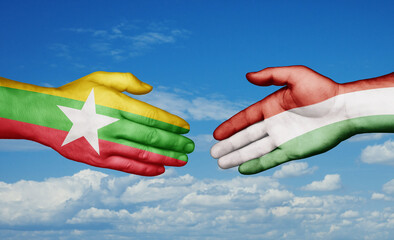 Hungary and Myanmar country handshaking with flags, consensus concept international co-operation illustration