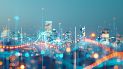 A vibrant cityscape with dynamic data visualizations overlay, representing the intersection of urban life and futuristic technology.