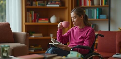 A young woman in a wheelchair enjoys reading a book while sipping coffee in her cozy home, surrounded by bookshelves in a warm and relaxed environment..