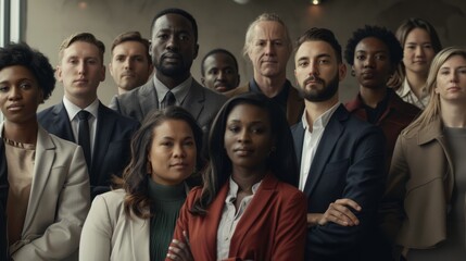 Obraz premium A diverse group of professionals poses confidently together, exuding unity and strength in a modern, well-lit office environment.