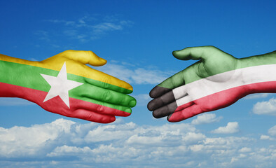 Kuwait and Myanmar country handshaking with flags, consensus concept international co-operation illustration