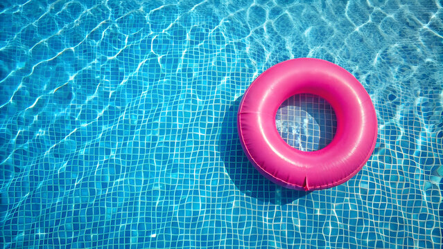 Pink pool float ring floating in a refreshing blue swimming pool. Top view, pink, pool, float, ring, floating, refreshing