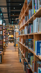 Obraz premium Bright and Modern Bookstore Interior Showcasing Diverse Genres 