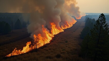 Fototapeta premium Aerial perspective showcasing a panoramic view of forest fires engulfing dry grass and bushes with blazing flames