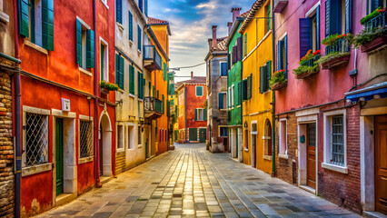 Naklejka premium Narrow cobblestone streets winding through colorful buildings in Venice, Italy, Europe, travel, architecture, canals
