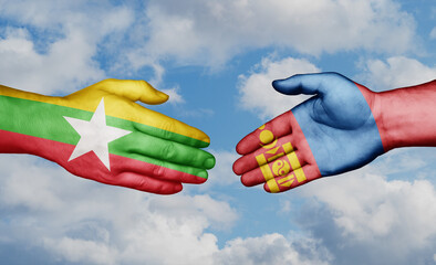 Mongolia and Myanmar country handshaking with flags, consensus concept international co-operation illustration