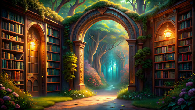 Enchanting library portal leading to vibrant fantasy realms , magic, books, imagination, portal, library