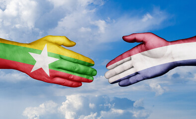 Netherlands and Myanmar country handshaking with flags, consensus concept international co-operation illustration