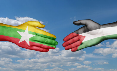 Palestine and Gaza Strip and Myanmar country handshaking with flags, consensus concept international co-operation illustration