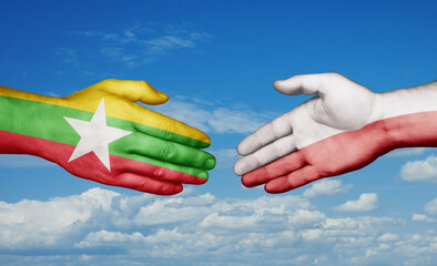 Poland and Myanmar country handshaking with flags, consensus concept international co-operation illustration