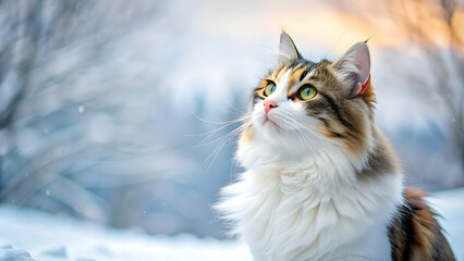Three color furry winter cat looking up isolated on white background, cat, winter, furry, three color, looking up, isolated