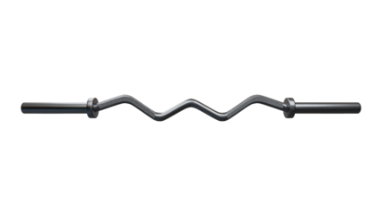 A metallic curved and crooked barbell, used for weightlifting, with knurled grips and smooth end caps. Transparent png background, Fitness concept. Horizontal view.
