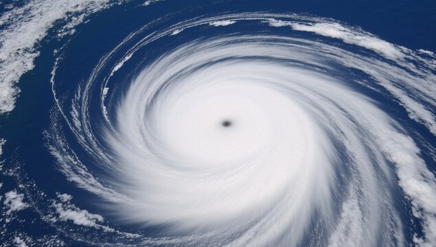 High-altitude view of spiral storm clouds above ocean pulling waves toward a forming hurricane