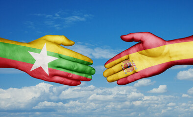 Spain and Myanmar country handshaking with flags, consensus concept international co-operation illustration