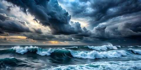 Fototapeta premium Dark clouds swirling over choppy ocean waves, storm, clouds, sea, weather, dramatic, nature, waves, overcast, stormy, turbulent