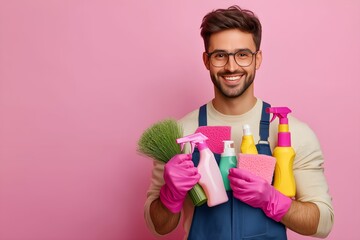 Smiling Man Holding Colorful Cleaning Supplies and Pink Gloves