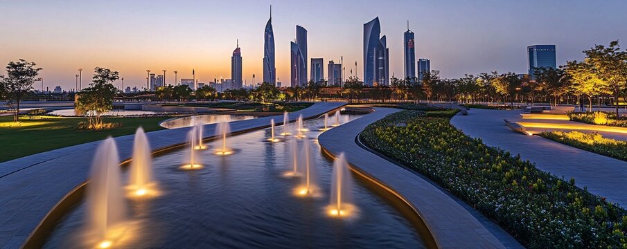 Al Shaheed Park at Dusk The beautiful modern park with its sleek architecture, fountains, and green spaces