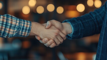 Two people shaking hands in a dimly lit room