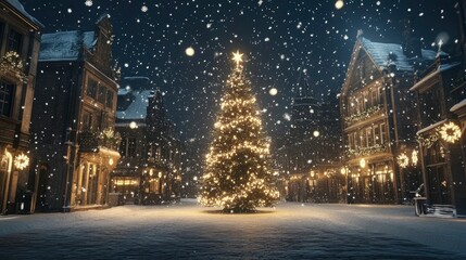 Soft snowflakes swirling gently around a glowing Christmas tree in a snow-covered town square.