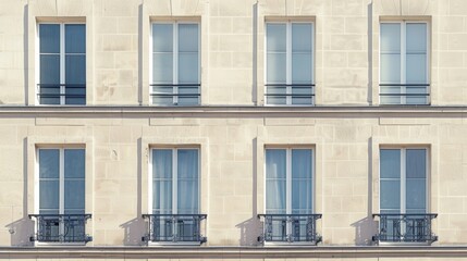 Fototapeta premium Modern Parisian building facade, minimalist design, complete wall with windows and doors, sunny afternoon light, serene atmosphere, no people around.