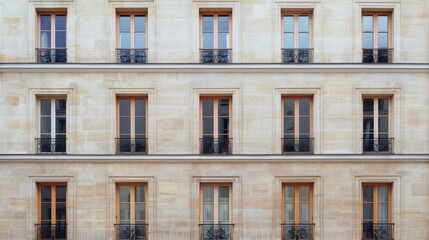 Fototapeta premium Modern Parisian building facade, minimalist design, complete wall with windows and doors, sunny afternoon light, serene atmosphere, no people around.