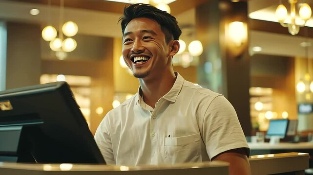 happy receptionist assisting an Asian male guest with his check-in at the hotel, creating a positive first impression
