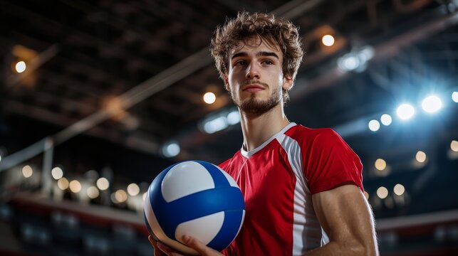 A focused male volleyball player in a red and white uniform holding a ball inside a brightly lit sports arena, ready for the upcoming match.