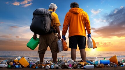 Beach Cleanup at Sunset: Two environmental heroes stand on a polluted beach, their backs to the camera, carrying bags filled with plastic bottles as the sun sets in a breathtaking display of color.
