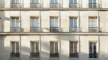 Obraz premium Modern Parisian building facade, minimalist design, complete wall with windows and doors, sunny afternoon light, tranquil atmosphere, no people around.