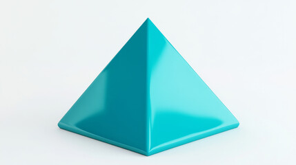 A 3D model of a cyan-colored pyramid, isolated on a white background. The pyramid has clean, sharp edges and a smooth, polished surface, giving it a modern and geometric appearance. The vibrant cyan c