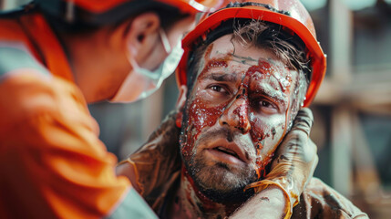 Closeup of Worker have an accident while working at the container yard then emergency chemical injuries in face