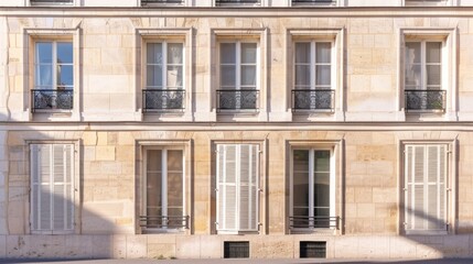 Modern Parisian building facade, minimalist design, complete wall with windows and doors, sunny afternoon, peaceful atmosphere, no people around.