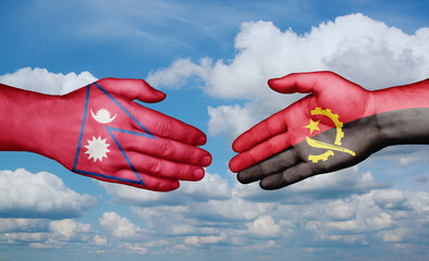 Nepal and Angola country handshaking with flags, consensus concept international co-operation illustration