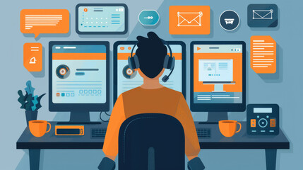 Man Wearing Headphones at Computer Monitor in office blurred background rear view illustration