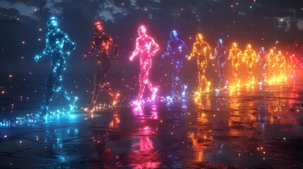 Fototapeta premium Design a series of neon athlete symbols, including illuminated runners