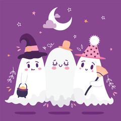 Halloween poster with three ghosts against the backdrop of the moon