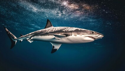 An underwater shark in space. A stunning 4K wallpaper.