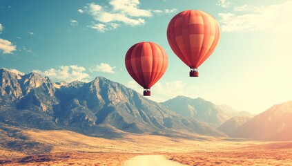 Obraz premium Hot air balloons flying over mountains in 4K.