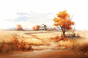 Naklejka premium Autumn farm landscape outdoors painting.