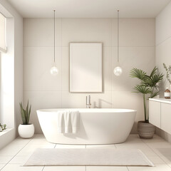 Fototapeta premium Beige bathroom interior with tub, simple. Minimalistic interior design. 3d render.