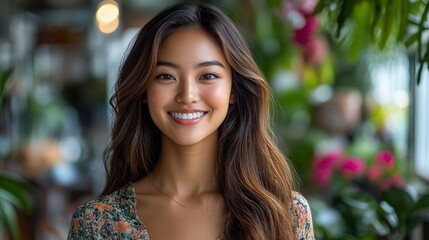 Fototapeta premium Portrait of a Smiling Young Woman with Long Brown Hair