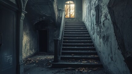 Obraz premium Abandoned Staircase in a Decaying Mansion with Sunlight Through a Window