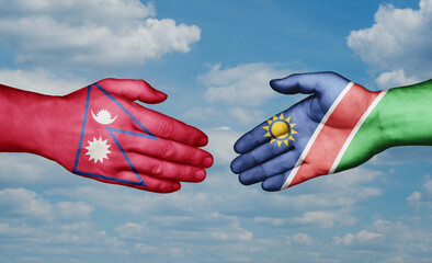 Namibia and Nepal country handshaking with flags, consensus concept international co-operation illustration