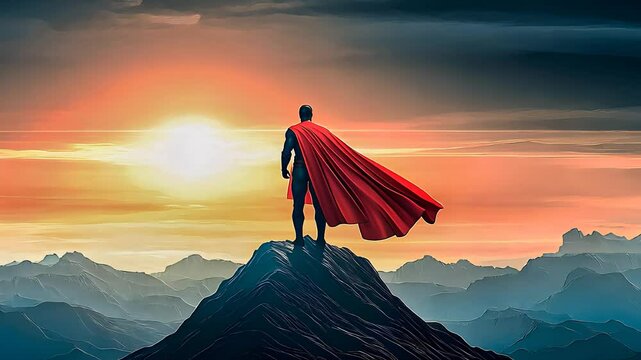 Hero standing on a mountain peak at sunrise with a flowing red cape, symbolizing strength, power, and victory in an epic landscape.

