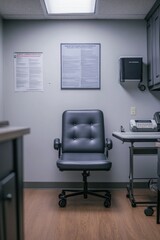 A simple office space featuring a chair, desk, and wall-mounted documents.