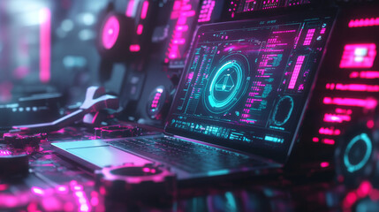 Obraz premium A futuristic tech repair concept featuring a laptop, smartphone, and various tools. The scene includes vibrant digital UI/UX interfaces displayed across the devices, with floating wrenches and gears s