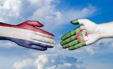 Netherlands and Algeria country handshaking with flags, consensus concept international co-operation illustration